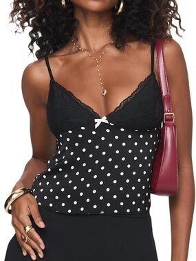 Polka Dot Lace-Trim Black Camisole Top